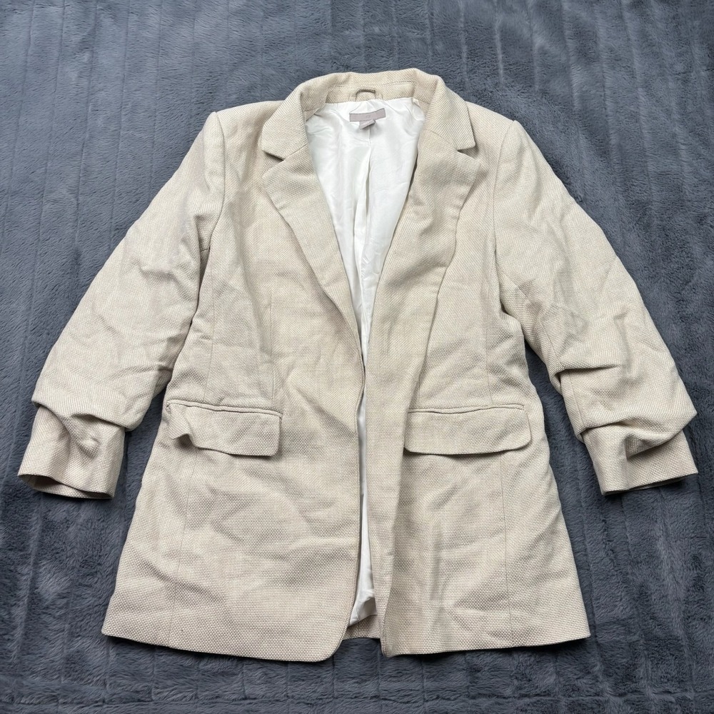 HM Womens Beige Textured Ruched Open Front Blazer Jacket Size M 14861